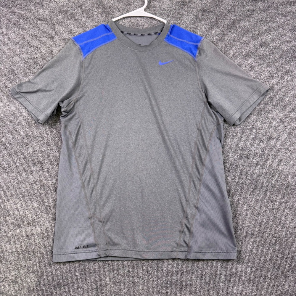 Nike Dri-FIT Mens Training Shirt Grey Blue Short Sleeve Swoosh 378576-065 Size M